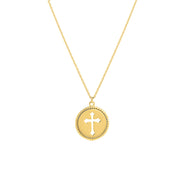 Kreuz-Medaillon: Halskette, Perlen-Disk, 14 KT Gelbgold