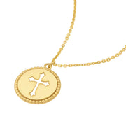 Kreuz-Medaillon: Halskette, Perlen-Disk, 14 KT Gelbgold