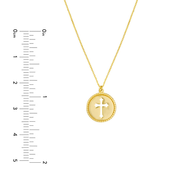 Kreuz-Medaillon: Halskette, Perlen-Disk, 14 KT Gelbgold