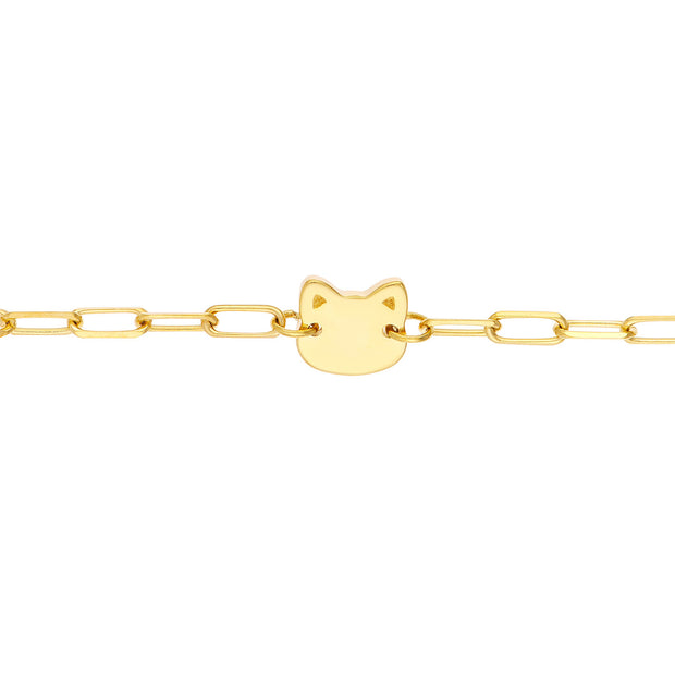 Kitty: Kids Armband, Katzen Charm, Paperclip Chain, 14 KT Gelbgold