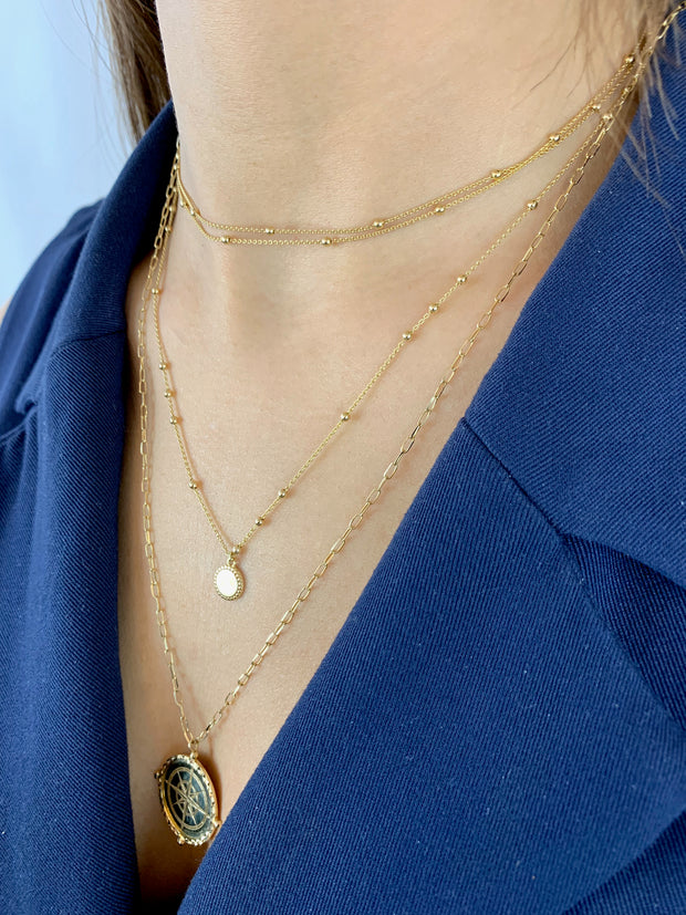 Franka: Perlen Halskette, Disk Charm, 14 KT Gelbgold